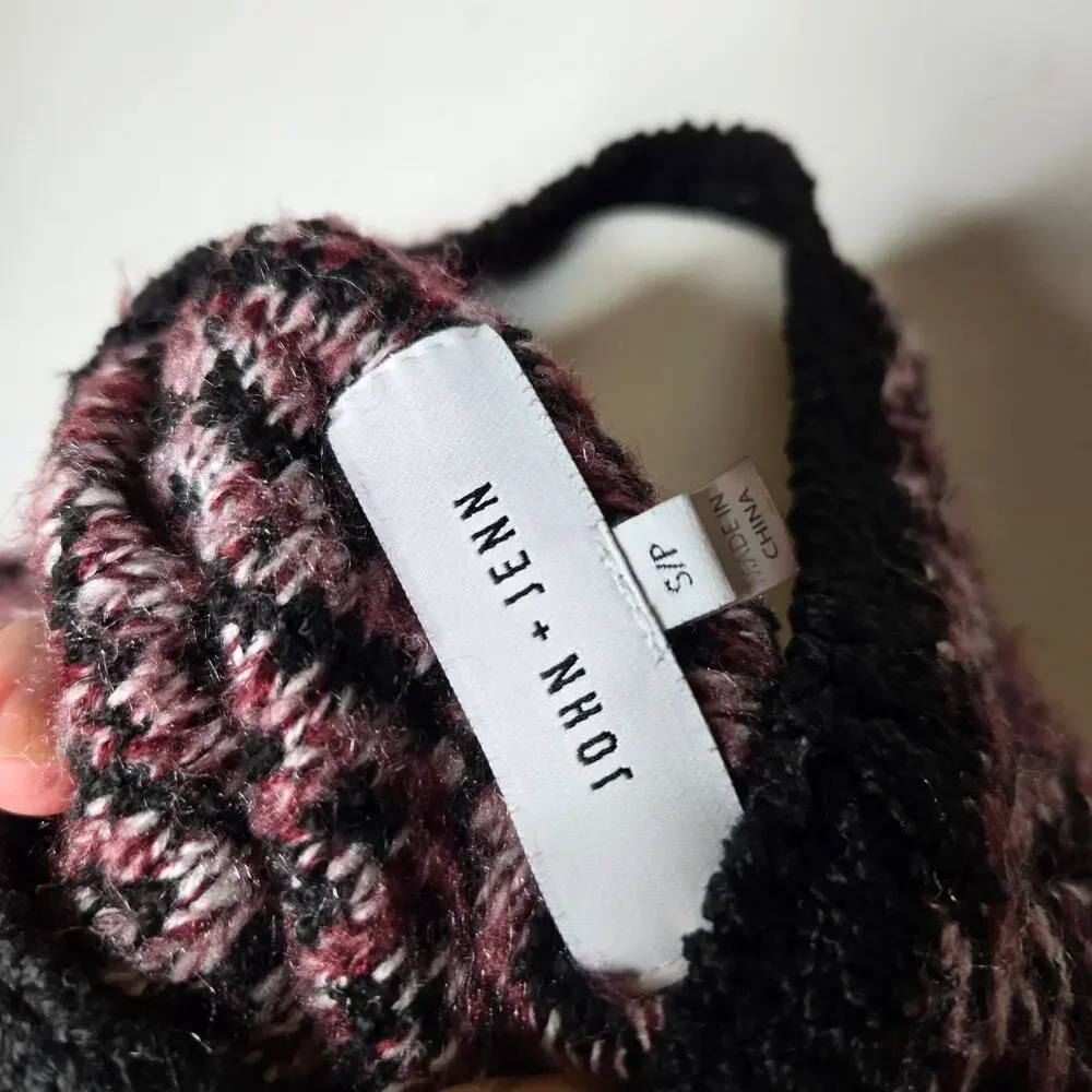 JOHN + JENN Chunky Knit Mock Neck Pullover Sweater Maroon & Black Size Small - Picture 13 of 14